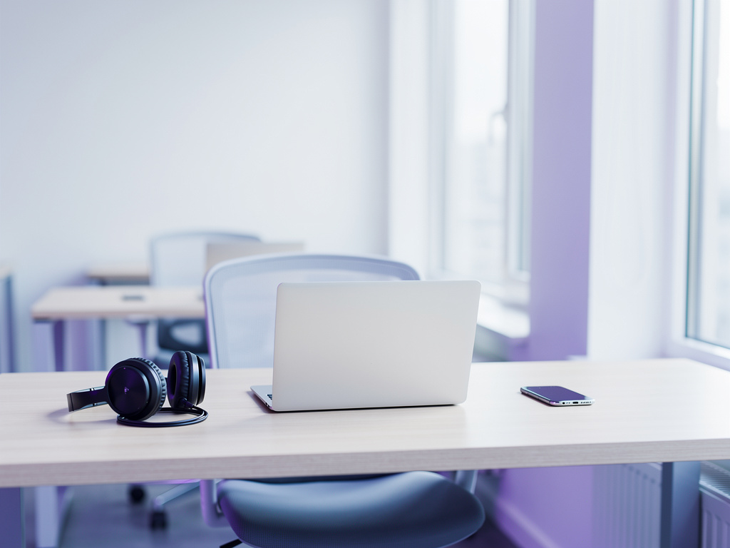 A tidy support desk by the window with an open laptop, a headset and a smartphone, the chair empty and the office softly