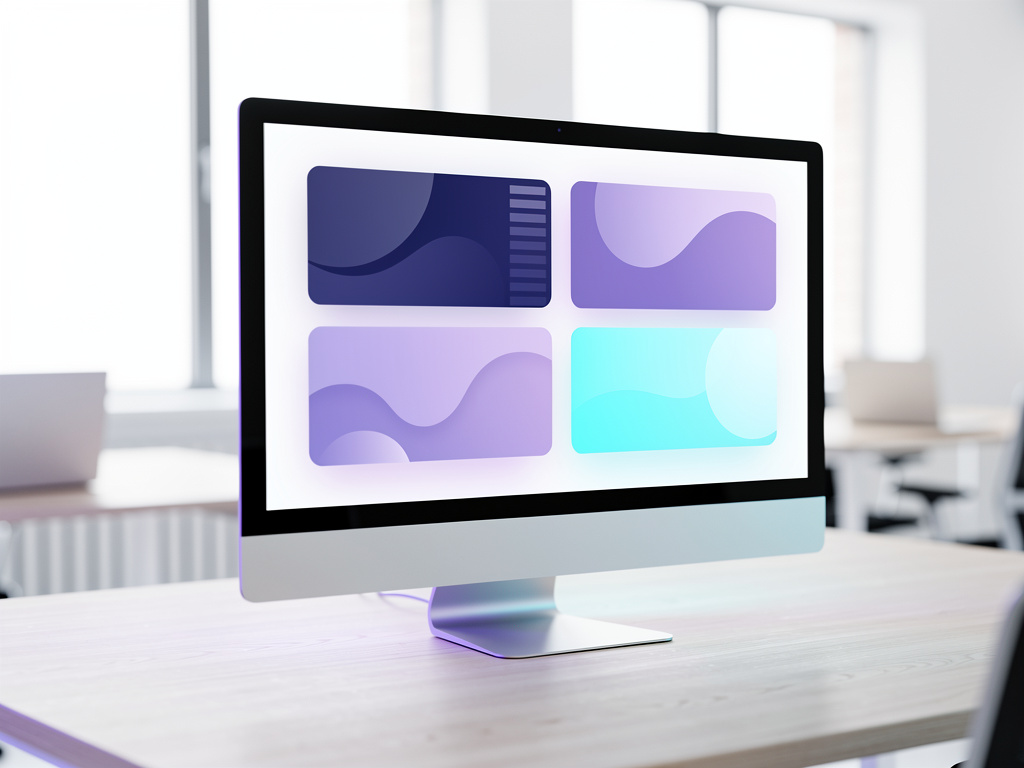 Close-up of a monitor showing one unified dashboard with abstract colored panels in indigo, violet and cyan, no readable