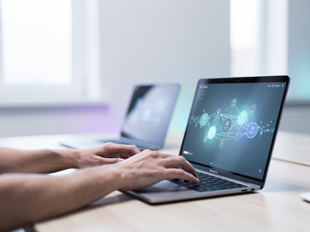 Hands at a keyboard beside a laptop whose screen shows an abstract connected flow of nodes, soft focus on the fingers.