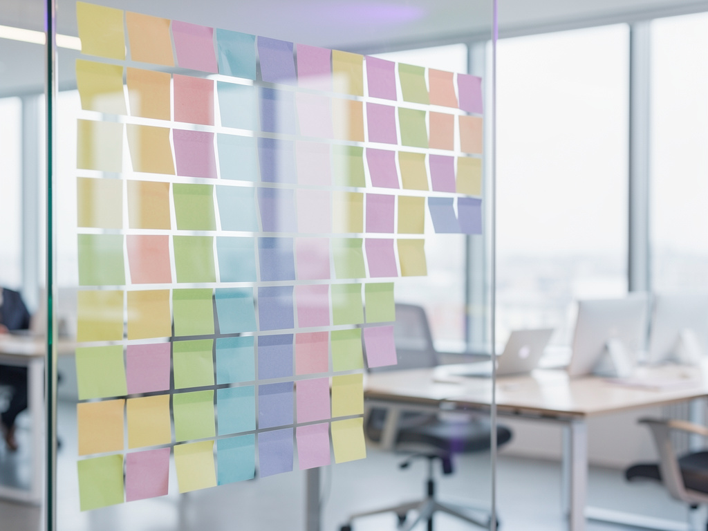 A glass wall covered with colorful sticky notes arranged in ascending workflow columns, softly blurred office behind.