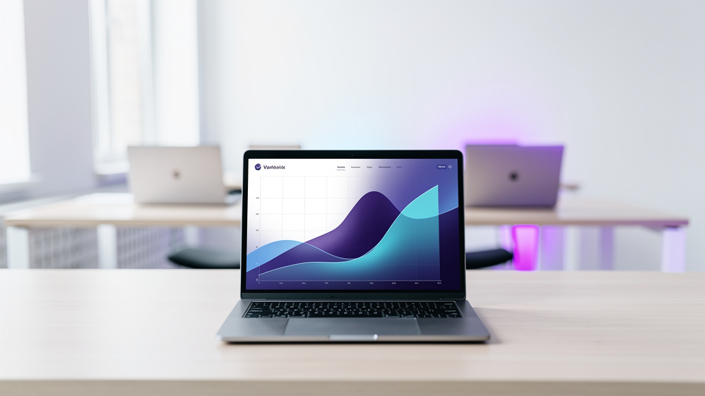 A sleek laptop on a pale wood desk displaying an abstract dashboard of rising indigo and cyan line charts, soft daylight