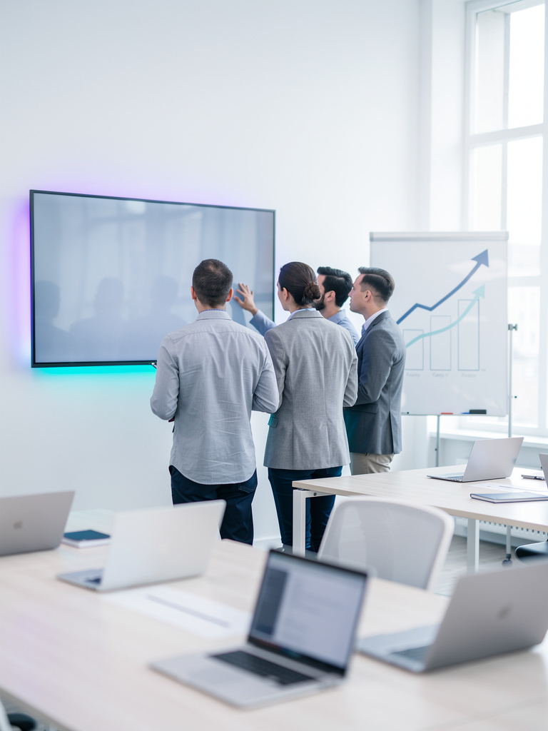 A small team seen from behind gathered around a large monitor in the bright office, faces out of focus, a whiteboard wit